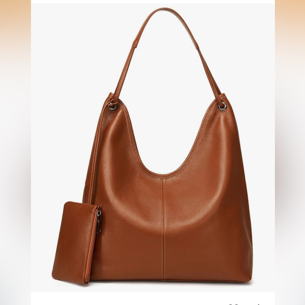 Classic Brown Leather Shoulder Tote with Zip Pouch